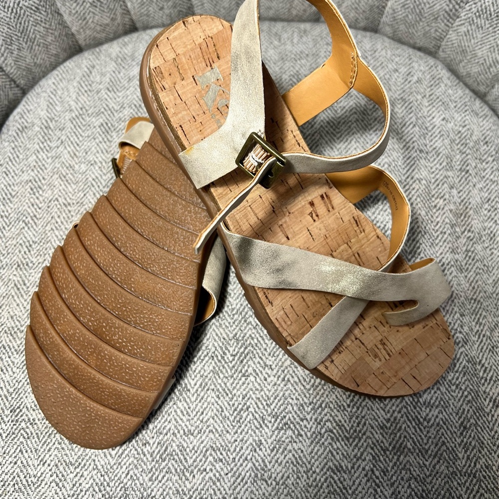 Kork-Ease Metallic Gold Cork-Strap Sandals with Buckle